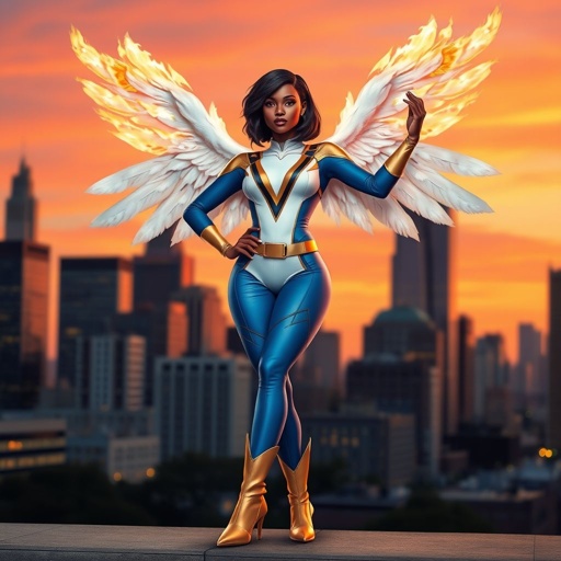 African American female superhero with shoulder length hair in a side part style and wings made of white fire  wearing a slightly homemade  white blue and gold suit with blue pants with a stylized V as her chest emblem wearing gold flat boots made of gold standing in Philadelphia at dusk