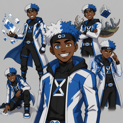 Male superhero with reality shifting, African American, teenager, headband, white and blue hair, happy, heterochromia, braces, multiple of the same character 
