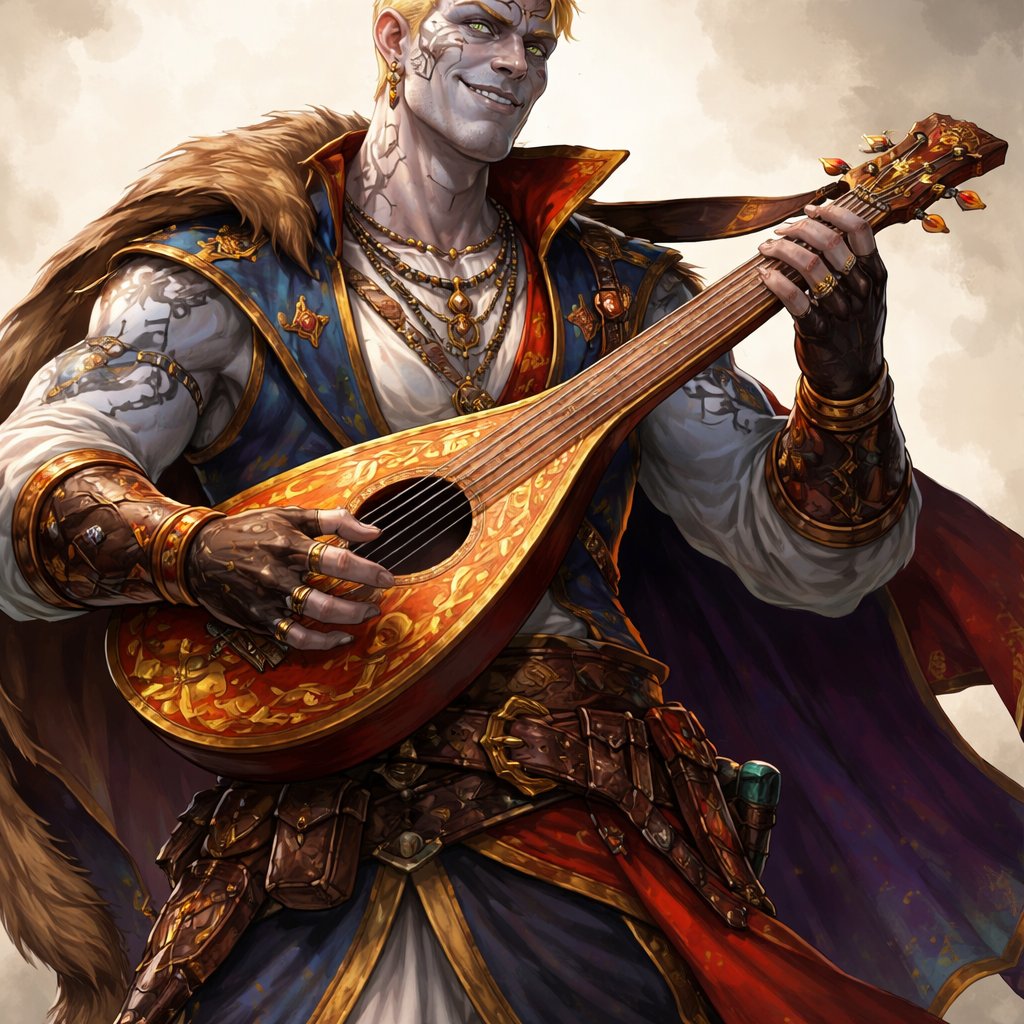 Male Goliath bard with short blonde hair dnd