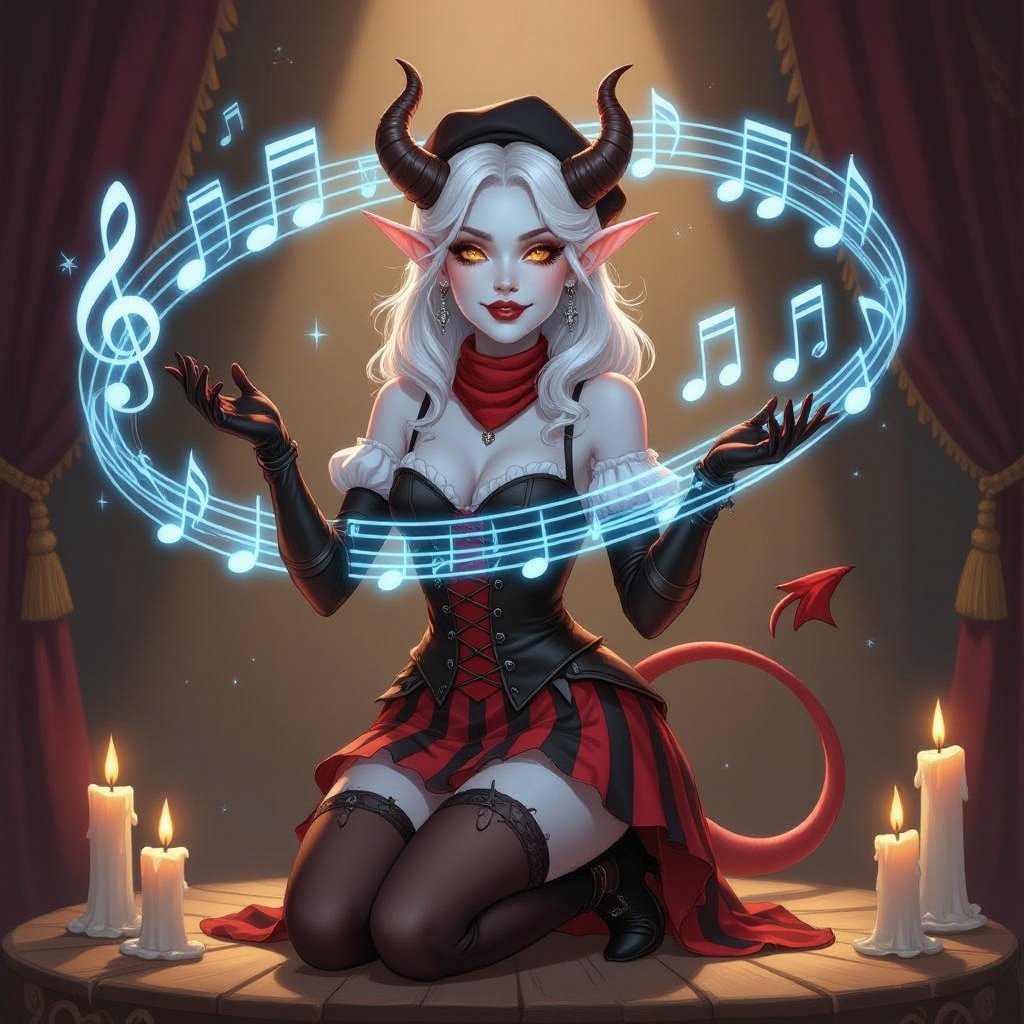 A semi-realistic fantasy portrait of Evangeline Ivey, the Fierna Tiefling Bard of the College of Glamour, captured mid-performance on her candlelit stage.  She stands full-body beneath soft golden light, ivory curtains draped behind her, and glowing blue musical notes spiraling through the air as if alive with her magic. Her porcelain-pale skin (#F3EDEB) gleams in the warm light, contrasting against her long silver-white hair (#D6D6DA) cascading around her shoulders. Her amber-gold eyes (#C88C21) are wide with theatrical expression, her mouth open in mid-song or gasp. Dark brown ridged horns (#4A3A2C) curve elegantly from her brow, and her pale devil’s tail curls behind her, tipped red-and-black like an exclamation mark of performance.  Outfit — “Infernal Mime” Parody Costume: • Black-and-deep-red striped bodice with suspenders and gold buckles • Short flared skirt trimmed with faint gold edge • Matching striped thigh-high stockings and long fingerless gloves • Red silk neck scarf tied neatly at her throat • Black heeled shoes and beret with her horns peeking through  Scene & Lighting: Warm candlelight and soft shadows create a theatrical glow across the stage floor and her form. The air is alive with faint magical motes shaped like music notes, curling around her in shimmering blue light.  Mood & Expression: Expressive, whimsical, and dramatic — a parody of classic mimes infused with bardic flair. Evangeline’s pose is mid-gesture, both hands raised as if she’s frozen between song and spell, her eyes alight with mischievous emotion and glamourous command.