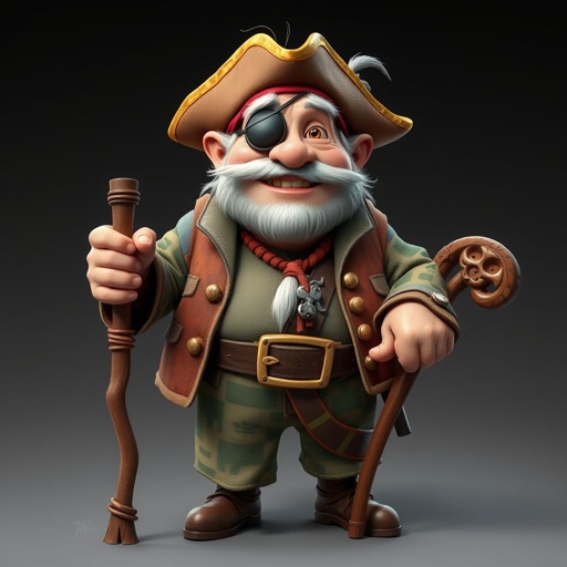 Create a funny old character who has 1 eye patched. Make him fat with a cane