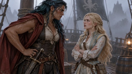 D&D style digital illustration: a foggy ship deck setting where a tall, broad woman with tan skin, freckles, brown eyes, silver constellation tattoos, and wavy teal hair scowls from beneath a red pirate cloak. She is arguing with a thin, elegant woman wearing a pastel embroidered adventuring outfit; the slender woman has long pale blonde hair, wide brown eyes, and a frustrated expression, arms crossed tightly as she admonishes the larger woman.