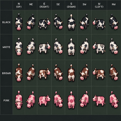 Cow for a fantasy game set in modern times, top-down style, 360, different colors