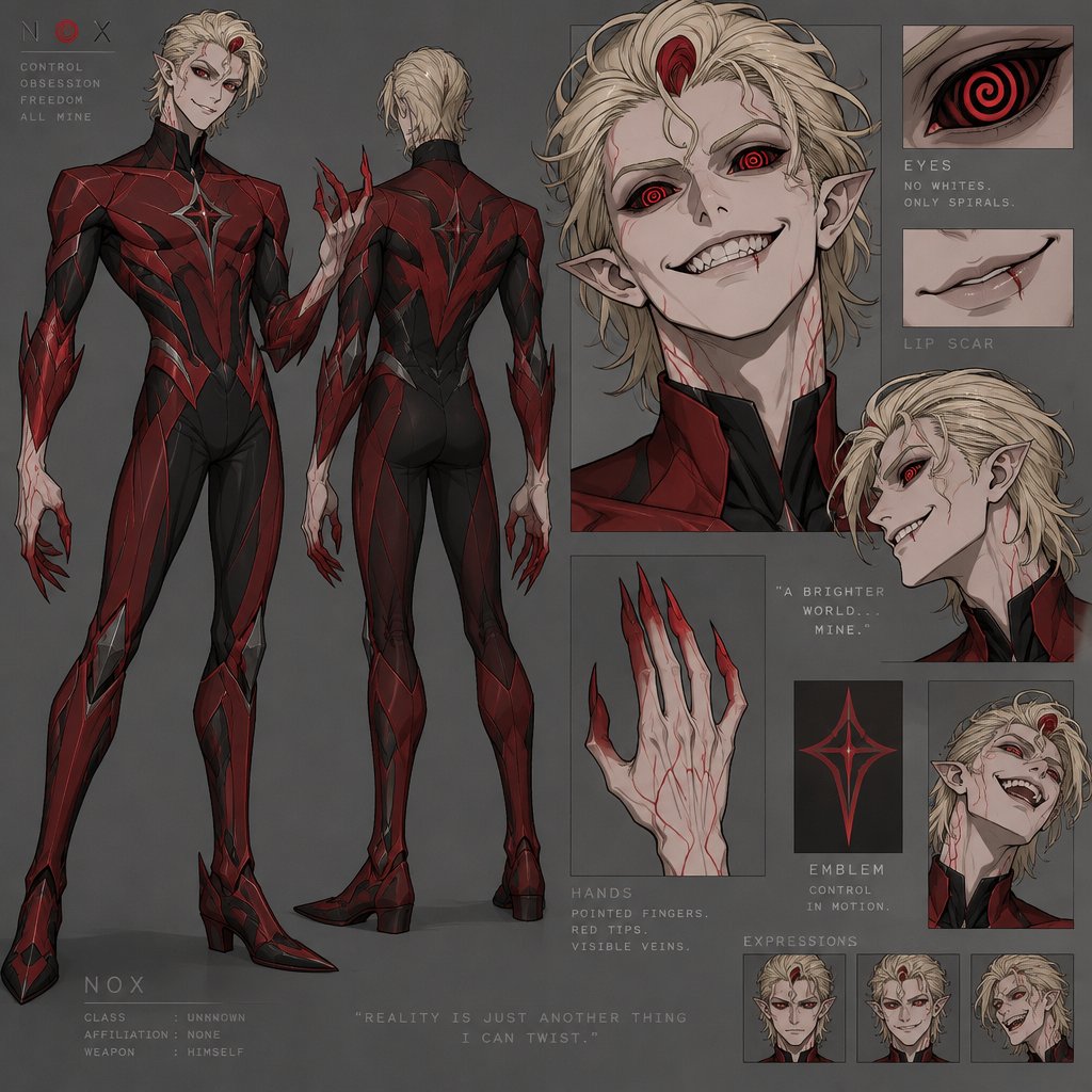 Male, blonde greased brushed back hair, neck length hair, curl on forehead, red streak in hair, slim, scar on lip, red and black spiral eyes no whites, superhero with chaos powers, cool outfit red no cape, pointy ears, pointy fingers with red tips, red veins, crazy smile