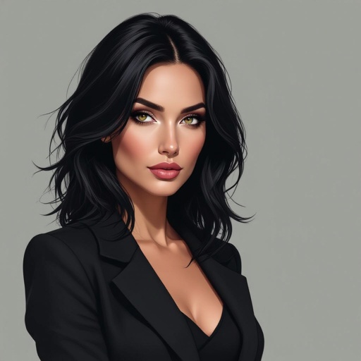 Show character head to toe. Create a mid age mysterious woman jet-black hair is cut sharpand her eyes seem to pierce through darkness. A shadowy aura clings to her form,