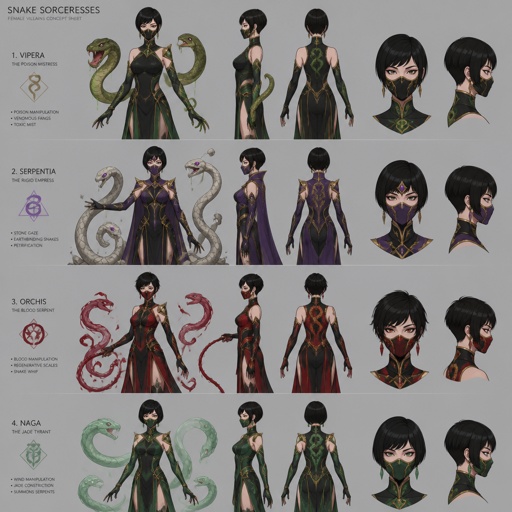 Female villain with snake powers, cool costume, mask, Asian, short hair,multiple of the same character 