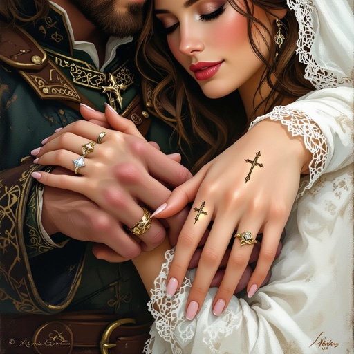 Husband and wife matching ring finger tattoos with Cross 