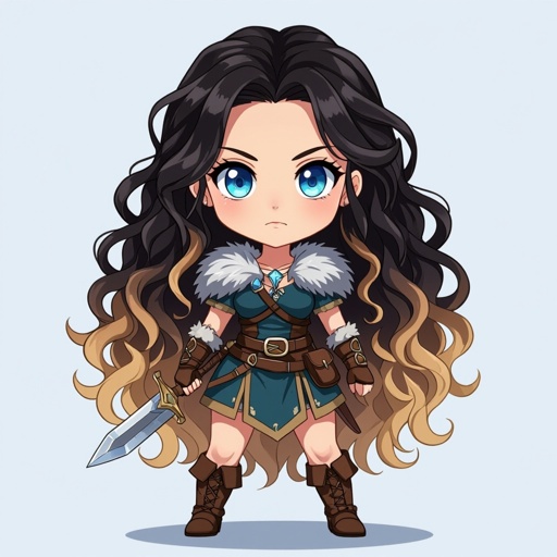 a short tan viking girl that's curvy with crystal blue eyes. Her long hair curly ombré of black, brown, and blonde.