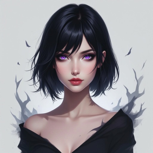 Show her entire body. Create mysterious woman jet-black hair is cut sharp to her jawline, and her violet eyes seem to pierce through darkness. A shadowy aura clings to her form, faint shapes shifting and flickering behind her like whispers of another realm. Show whole body head to toe