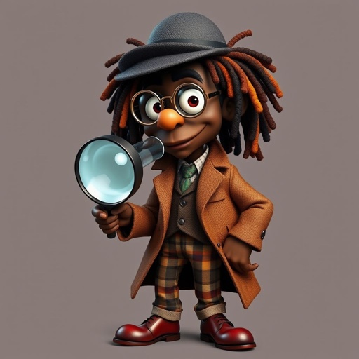 Create a funny character similar to Sherlock Holmes, but make him of black decent and with dread locks. Show his whole outfit including his shoes.