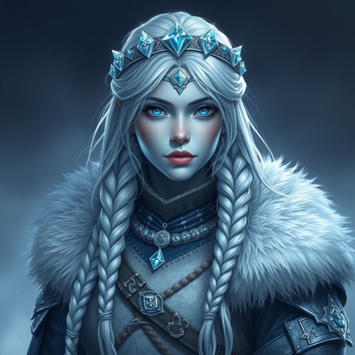 Create a character head to toe showing the whole character, meaning legs feet body face everything: A tall, battle-hardened woman with pale, icy-blue skin. Her long silver hair flows in braids tipped with frozen beads. She wears heavy, fur-lined armor made from the hides of snow beasts. Her eyes glow faint blue. A frost-shaped crown rests lightly on her head.