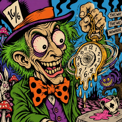 The mad hatter is checking his pocket watch that is going crazy