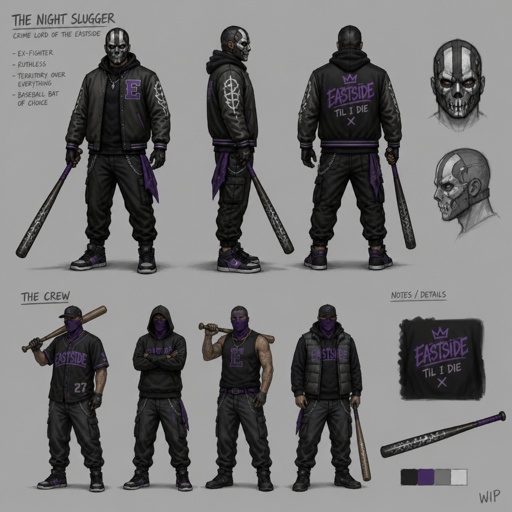 Male superVillian, mask, gang member, uses a bat, wip, multiple of the same character 