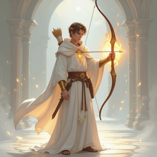 Human cleric young man that worships the sun god. 19 years old and quite skinny. With a bow and arrow.the sun gods symbol is a gauntlet on fire.
