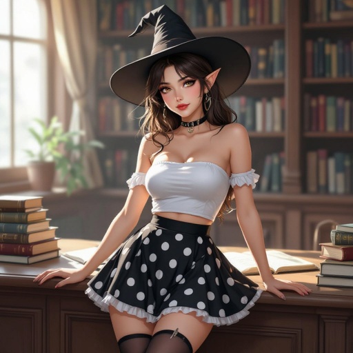 Tight Black and White Polka Dot Miniskirt Elf Witch Librarian with Brunette Hair. Tight white tube top and witches hat. Laying on top a library counter.