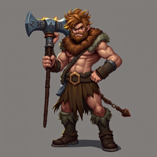 Male human Barbar, Wearing only lioncloth and Leatherboots, Hair Brown, massive Club in one Hand. Face Looks a Little Bit dumb