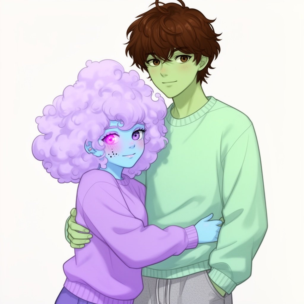 The girl has pastel blue skin cloud like hair lavender purple blush pink volitgo on her left eye and two small black freackles on both of her cheeks SHES wearing a lavender purple sweater and SHES hugging a boy with cow horns HES got chocolate brown hair with the same color eyes and light moss green skin with his mint green sweater HES taller than her with grey sweat pants 