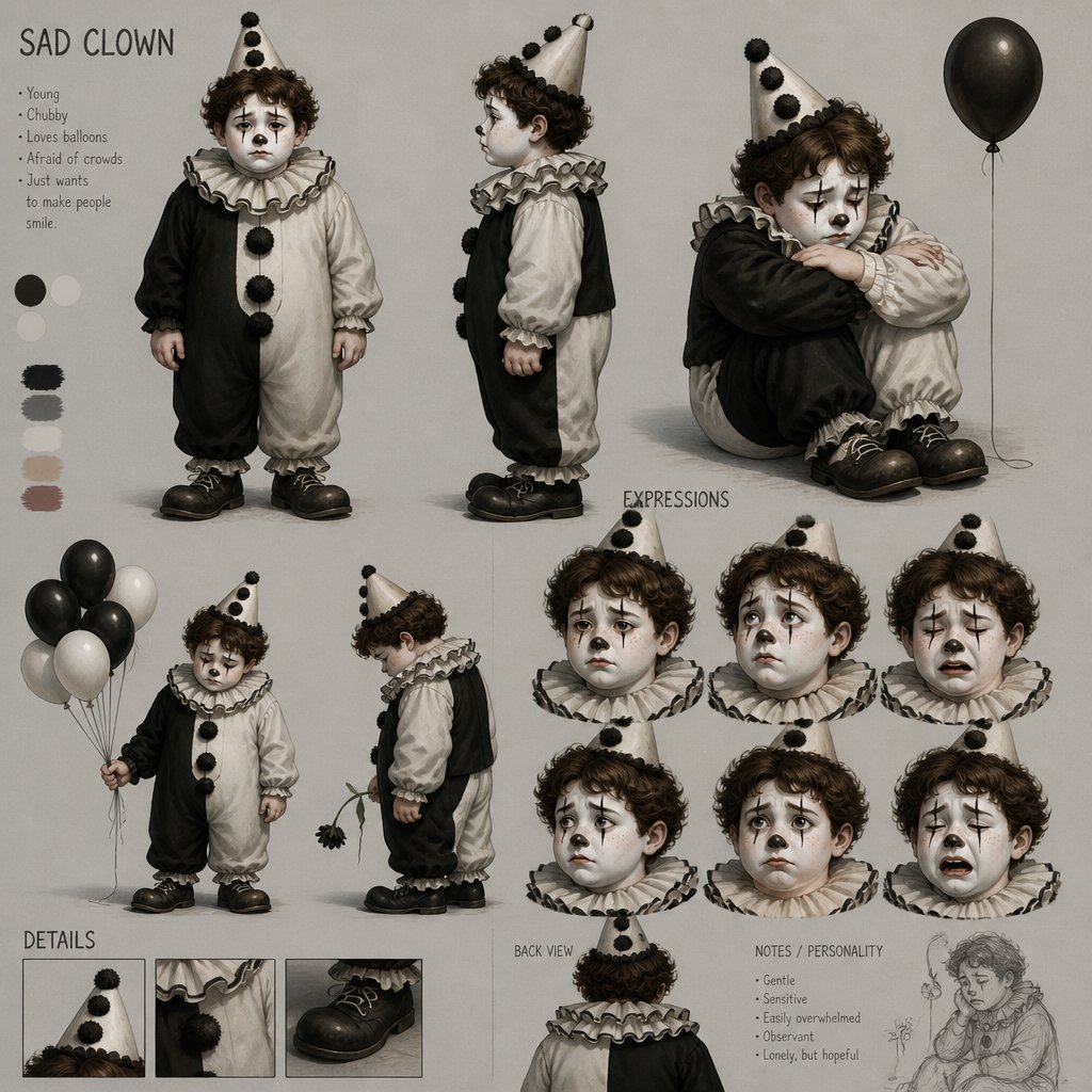 Male, young, chubby, white face makeup, black tear under both eyes, sad, cone clown hat, black and white clown clothes, clown neck ruffles, curly short brown hair,freckles, multiple of the same character