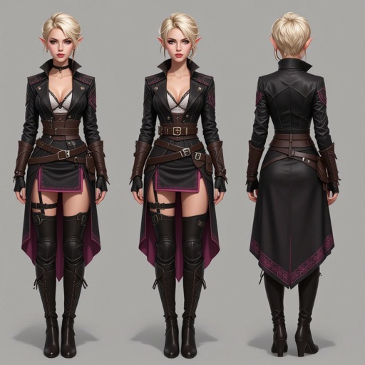 Blonde pixie cut Female High Elf Cop Assassin in Black and Pink and Brown Shear Lace & Leathers and Skirt full body