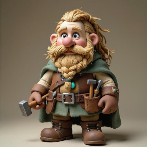 Create a stocky dwarf with a weathered face, braided beard tucked into his belt, and straw-tousled hair. Wears a soot-stained cloak over a leather smith’s vest, tool belt with hammer and chisels, heavy boots. Subtle turquoise rune glow from a pebble at his neck,