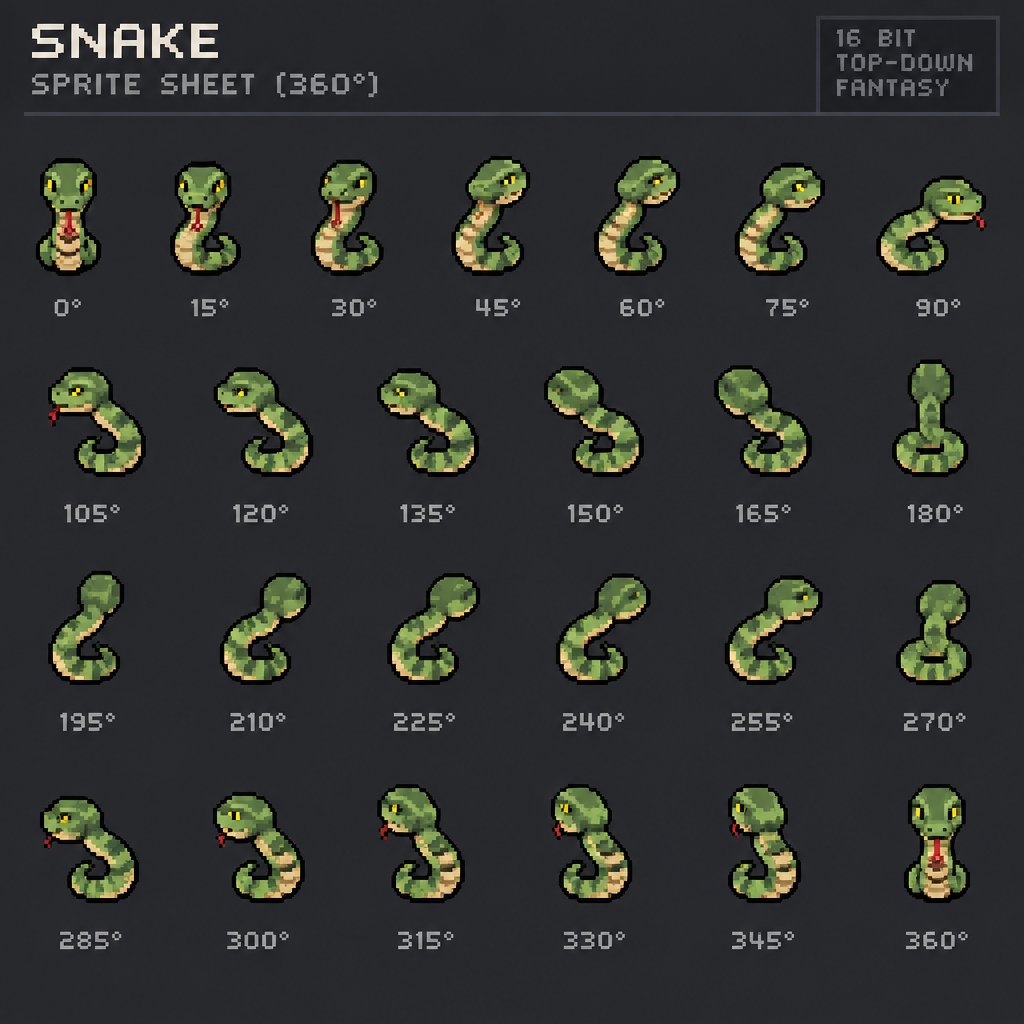 Animal snake for a fantasy game set in modern times, top-down style, 360, different colors, crawling