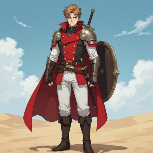 Man, leather armor under a red double-breasted great coat, gold buttons, no cape, no cloak, brown belt, white pants, black knee-high boots, shield is strapped to his back, sword sheathed at his hip, sandy colored hair, short hair, green eyes, clean shaven, black gloves; 