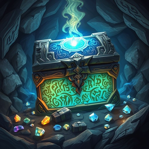 Magical treasure chest glowing with blue power in a cave