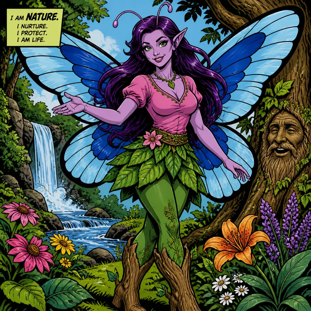 Lady of nature She has light purple skin and neat long dark purple hair,beautiful deep green eyes,long eyelashes, antennae,light blue wings with deep blue in the middle,wears a beautiful pink shirt and a skirt that looks like a leaf and green leggings,tree wood boots and a beautiful smile