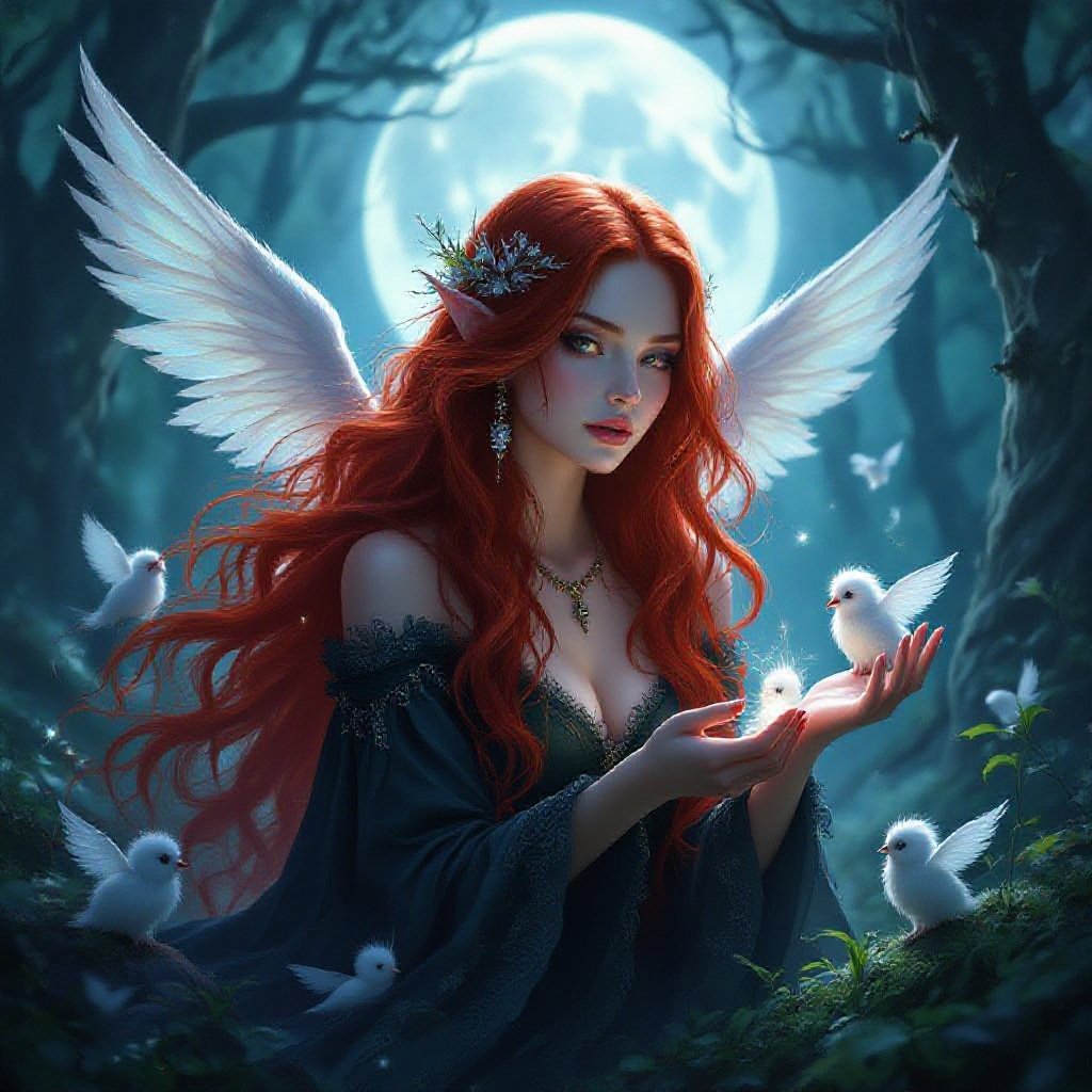 witch with long shimmering red hair and skin with small fluffy winged creatures around her 