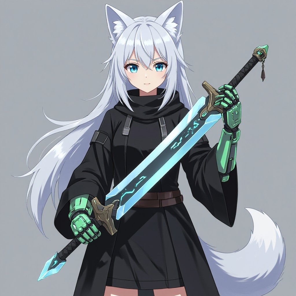 A pale teenage girl wearing black, has medium white hair, has large fox ears and a fluffy tail and a dark green and brown right robotic hand holding a sword of ice with a greyish background