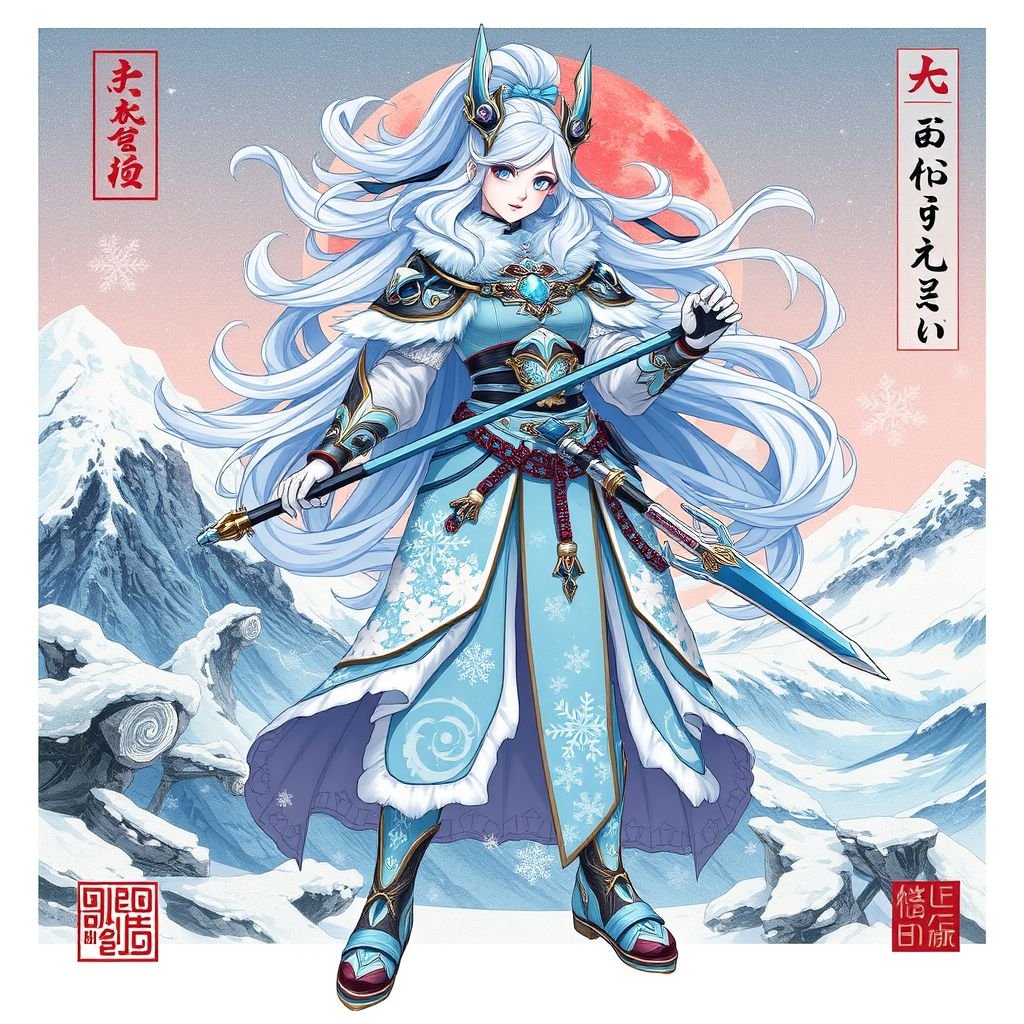 Create a battle woman hero called Alvara the Frostheart. Show full body head to toe including shoes