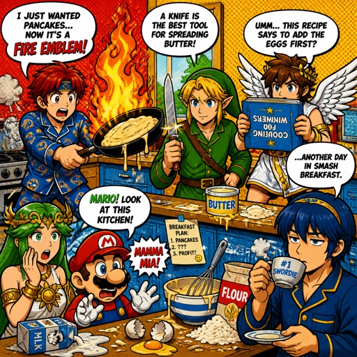 Super smash brothers link from legend of Zelda, pit from kid Icarus, Marth from fire emblem,Roy from fire emblem, there trying to make breakfast Roy still wearing pjs and had pancake batter on his pjs holdings frying that caught on fire saying “crap,crap,crap!" link holding a knife near a cutting board,pit trying to read the cookbook but it's upside down, Marth wearing his pajamas making himself some tea with a tired face expression think "why did I get up", Palutena comes into the kitchen and yelling "what are you guys doing!" Mario behind Palutena seeing the mess and saying "Mama mia!" All in casual clothes