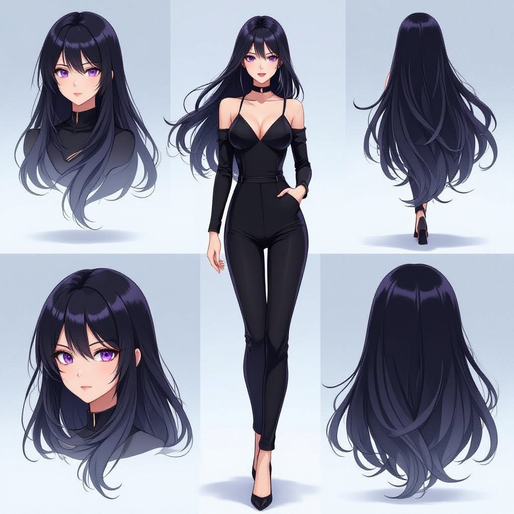 A tall black haired girl with amethyst eyes and a black jumpsuit 