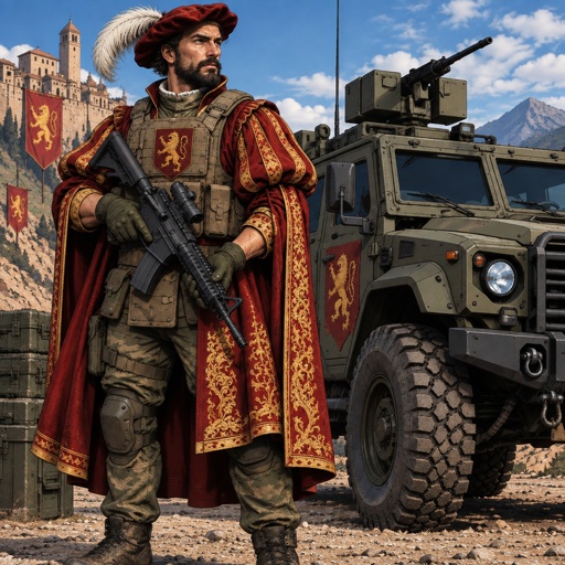 a man in a red and gold outfit holding a gun