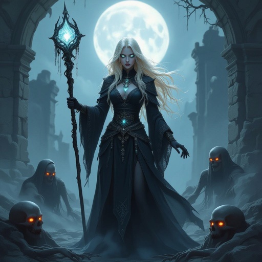 Fallen  female Aasimar necromancer with long blonde hair 