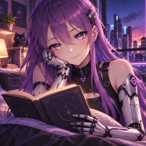 a girl with purple hair is reading a book