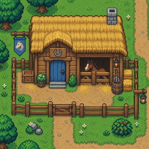 cozy small stable for a modern fantasy game, exterior, top down style