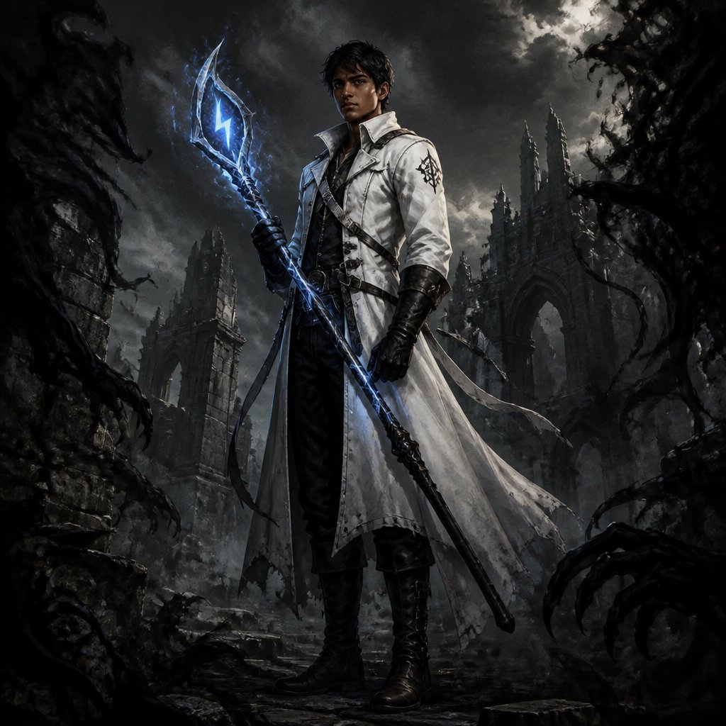 Young brown skinned man with brown eyes and short straight black hair with white leather trench coat and blue with lightning bolt along it quarter staff style cross black boots and gloves
