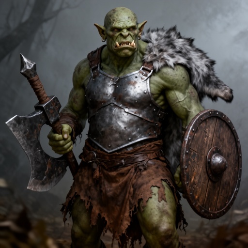 A huge yet no so huge dark pale green ork, a chieftain who wears a slim iron chest plate. Ripped and tattered skirt thing that’s brown. He has an old grey wolf pelt on his back, and he carry’s a huge battle axe and shield. He is battle worn and solemn, he was a mighty warrior but now he had lost his clan. His huge teeth do not show and he has a almost lotr esc orc vibe