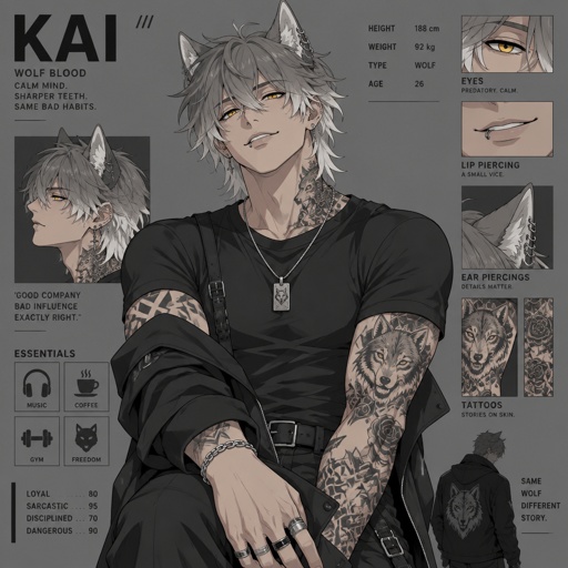 Male,he only has wolf ears he does not have human ears no human ears just wolf ears,gray hair with white tips hair that goes done to neck hair set a little bit on face slightly messy,yellow eyes,strong,lip and ear piercings,tattoos on neck and arms,a smile that could steal the ladies,with a smug and chill attitude,can be scary but is usually very nice 