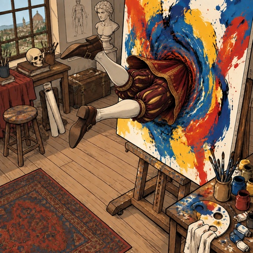 a painting of a woman in a room with a painting on a easel