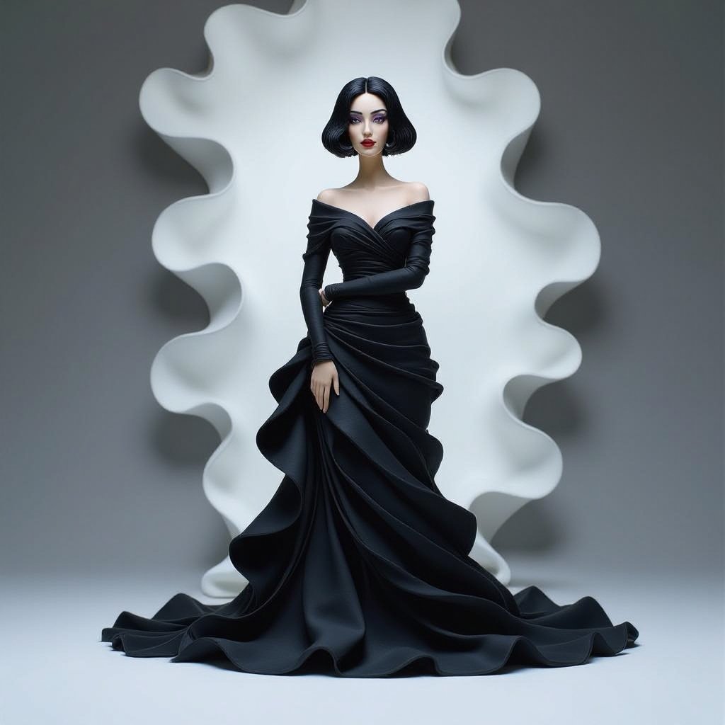 Create A lithe, mysterious woman draped in layered black silks that move like smoke around her. Her jet-black hair is cut sharp to her jawline, and her violet eyes seem to pierce through darkness.