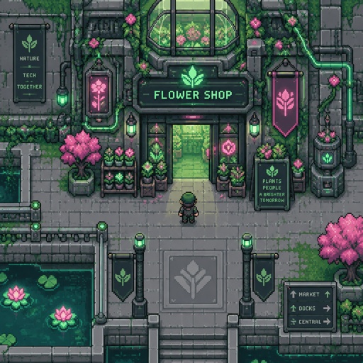 Flower shop for a fantasy game set in futuristic times, exterior, top-down style,