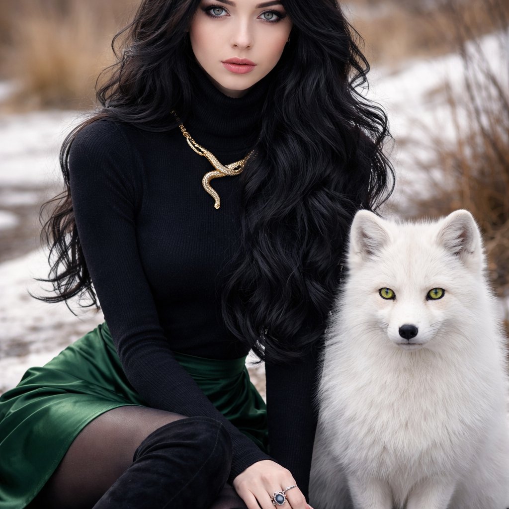 A teenager girl with long black hair and grey eyes. Her hair is set in soft waves resting just above her but. Her eyes are storm grey. She is wearing a black long sleeve turtleneck and a satin Green skirt black tights and black thigh high boots. She has a small golden necklace of a snake and a silver ring with a b on the top to the left of the b is a black diamond and to the right is an emerald. She has an arctic fox next her with bright green eyes.
