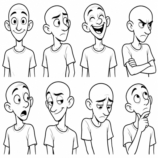 Different face expressions thin male half body drawing base, dynamic, bald, face expressions head different directions, no color