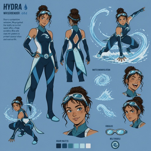 Female superhero with water powers, cool costume, goggles, freckles,multiple of the same character 