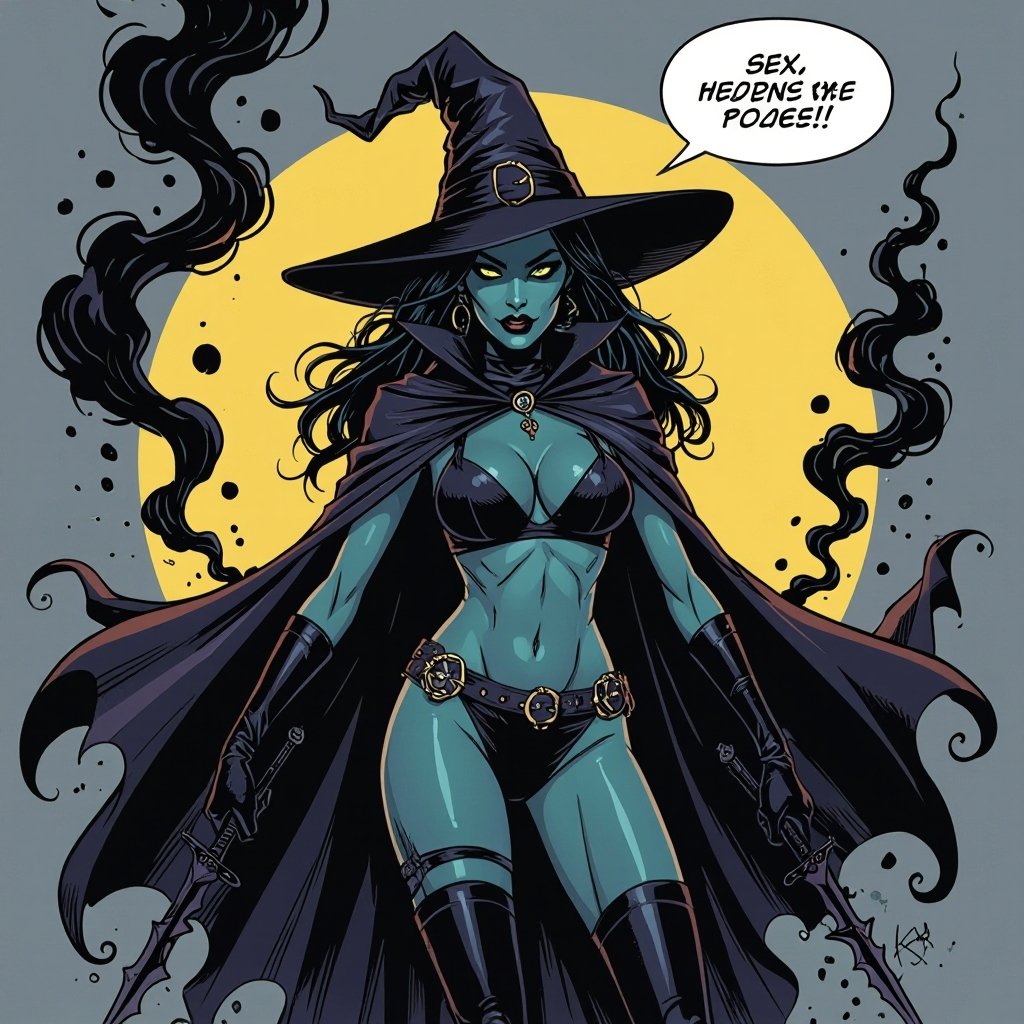 sexy shadow demon witch gypsy slate grey skin large black billowing cloak that emits darkness and shadow smoke. Two piece. Witches Hat. Wields Black Evil Shadow Smoke Daggers