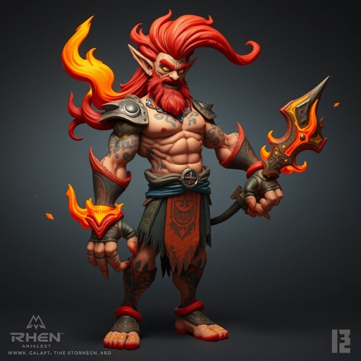 Create a character: battle hero Rhen the Fire-Singer – A lean, muscular man. Show him head to toe including his shoes.