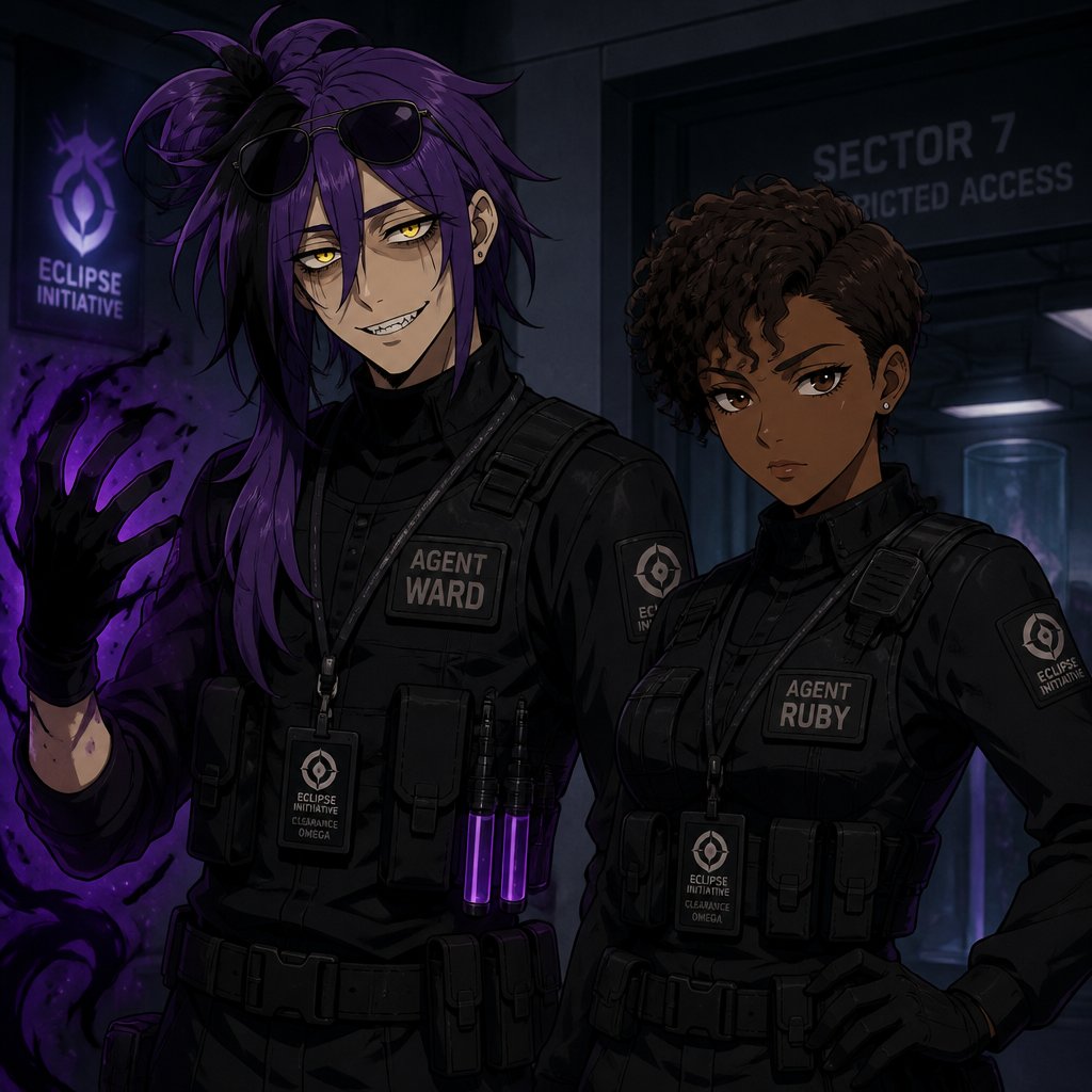 Anime,Agent Ward,long messy hair half side longer in a messy up tied bun and drooped down,light deep purple hair black tips,made in a secret lab to be the best weapon and solver highly skilled in many things to wear the scientists are scared if he gets out of control (which has happened more then once)has to be kept in check by lab facility,and they have an emergency back up incase he gets out of control,glowing yellow night vision eyes,sharp teeth,sunglasses on head,cares about his partner but doesn’t admit it,likes making jokes, can be reckless mischievous and dangerous,extreme dark powers from lab experiment,best agent,late 20s,thin,tired,mischievous and reckless,jokes,hates people telling him what to do especially with sleep,intimidating tired smile.Partner Ruby she has brown hair a little above the neck curly,brown eyes, dark skin,serious,goes by the rules, gets annoyed by Ward is also concerned about him try’s to convince him to rest sometimes works,doesn’t like his jokes during work