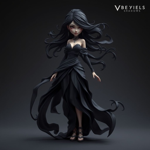 Create character hero Veyra of Shadows – A lithe, mysterious woman draped in layered black silks that move like smoke around her. With jet-black hair. Show her whole body head to toe including her shoes.